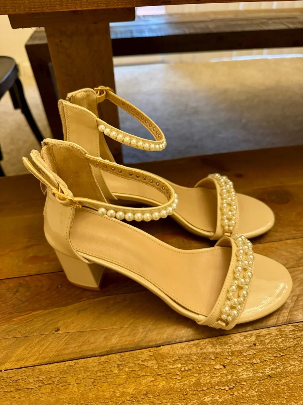 Tory Burch Pearl-Embellished Ankle-Strap Sandals — Beige